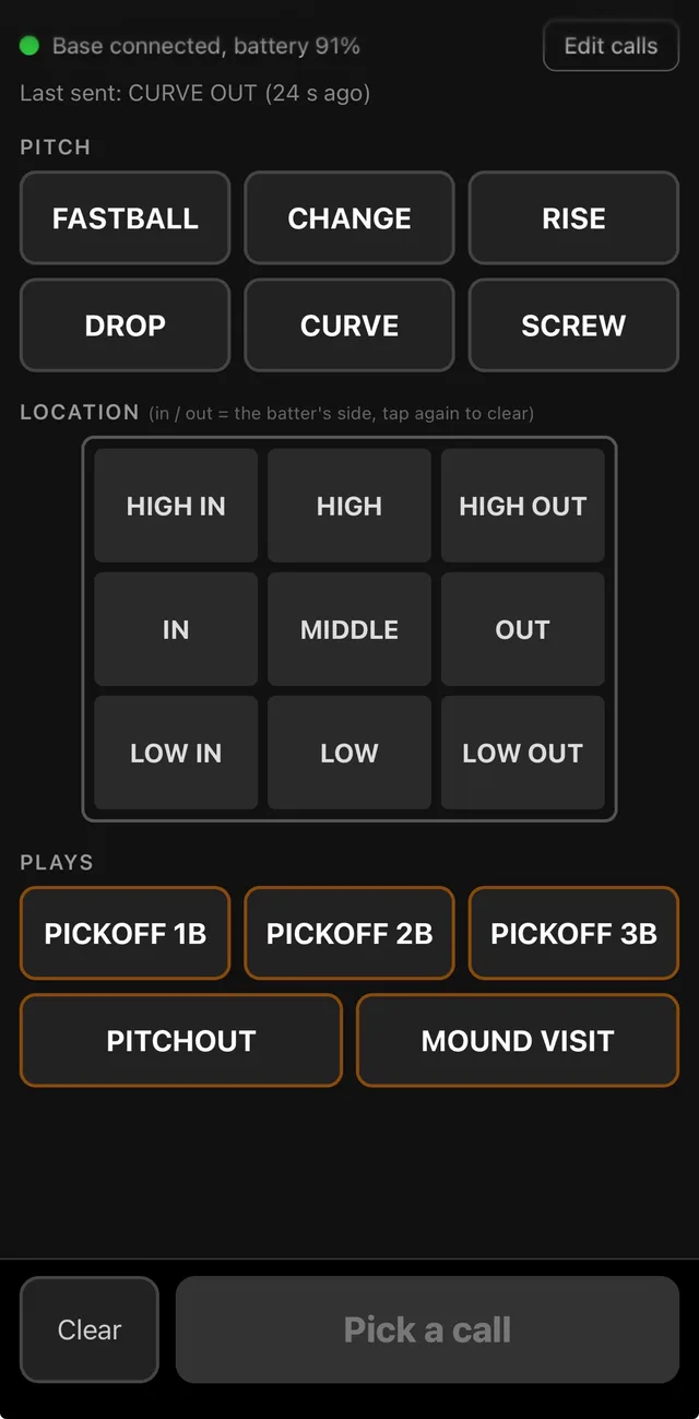 The coach's call page: pitch buttons, a three-by-three location grid, and play buttons for pickoffs, pitchouts and mound visits