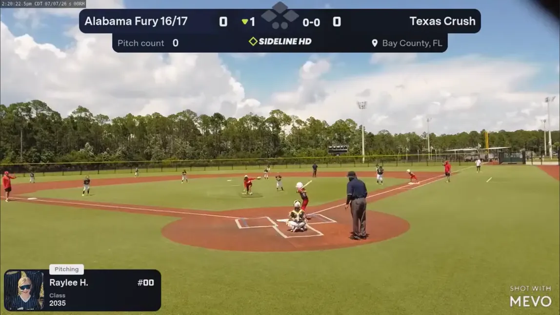 Live broadcast frame: a batter at the plate, with an on-screen scoreboard showing Alabama Fury 16/17 against Texas Crush, the pitch count, and the pitcher's name